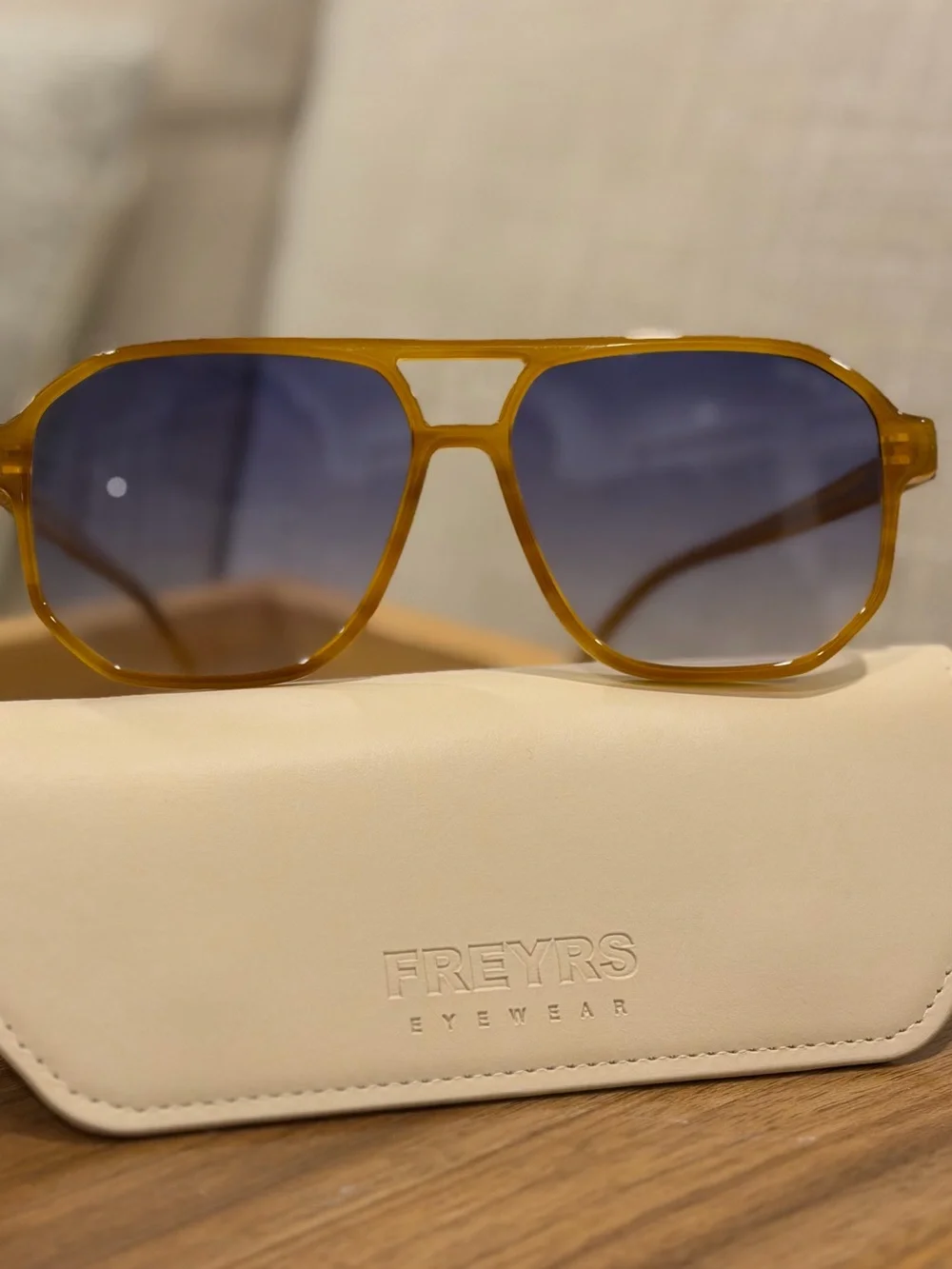 Freyrs Billie Amber Frame Sunglasses with Blue Gradient Lenses + Case